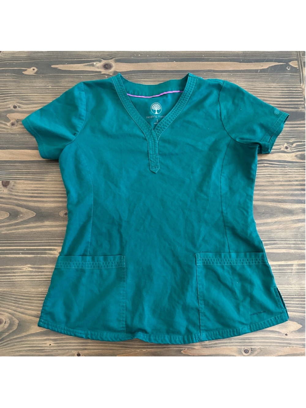 Women's Healing Hands Teal Scrub Top S Pink Trim V-Neck Medical Uniform